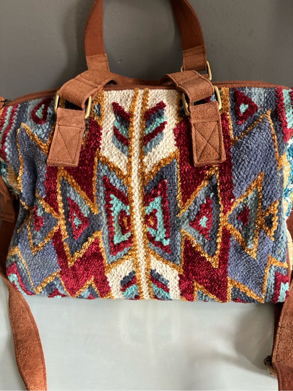Southwestern Hippie Bohemian Tapestry textured Crossbody Bag with Top Handles - Picture 6 of 10